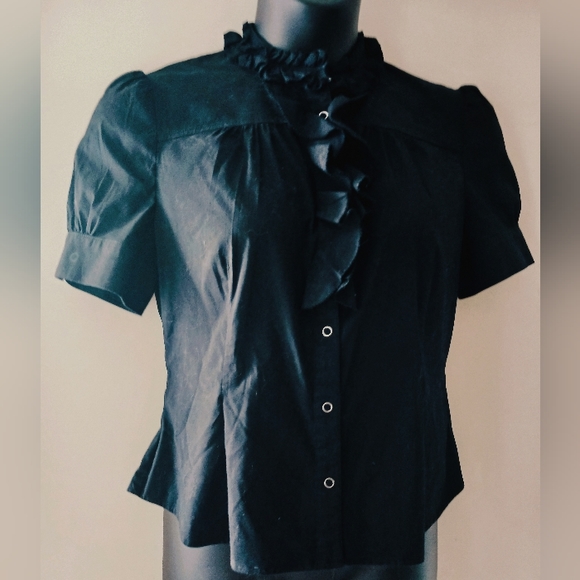 Black "MIXIT" stretch short cuffed sleeve ruffled chest work button-down shirt - Picture 2 of 4